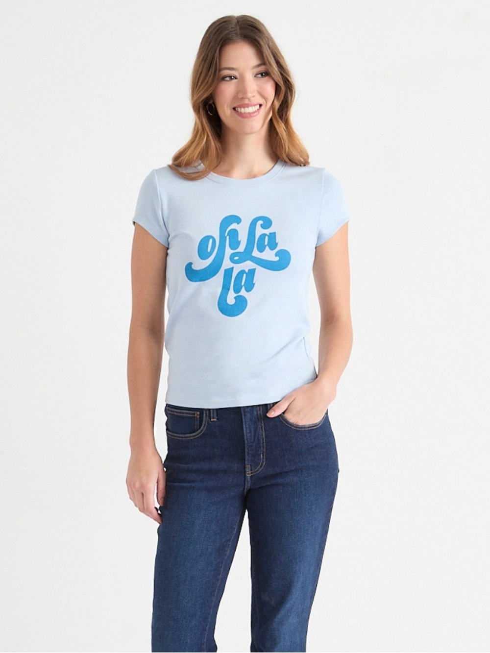 Light Blue T-Shirt with Dark Teal 'Oh la La' Graphic
